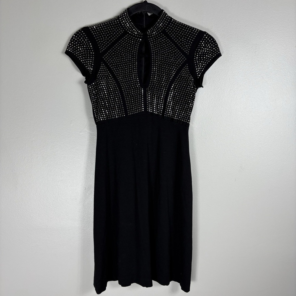 Cache Women's XS Black Rhinestone‎ Keyhole Cap Sleeve Fit Flare Mini Dress VTG